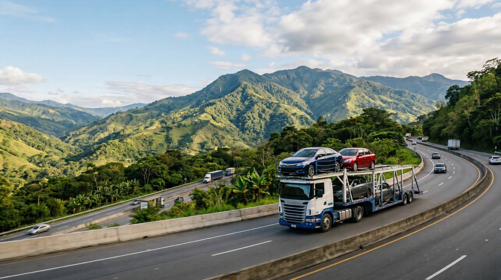 Automóviles cargados en una niñera para su transporte entre ciudades de Colombia
